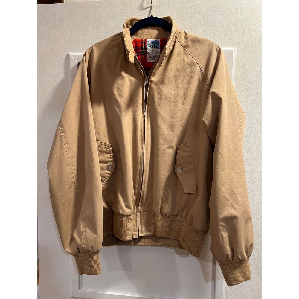 Hidden Valley Mens Khaki Harrington Jacket Tan Plaid Lined Full Zip Size M